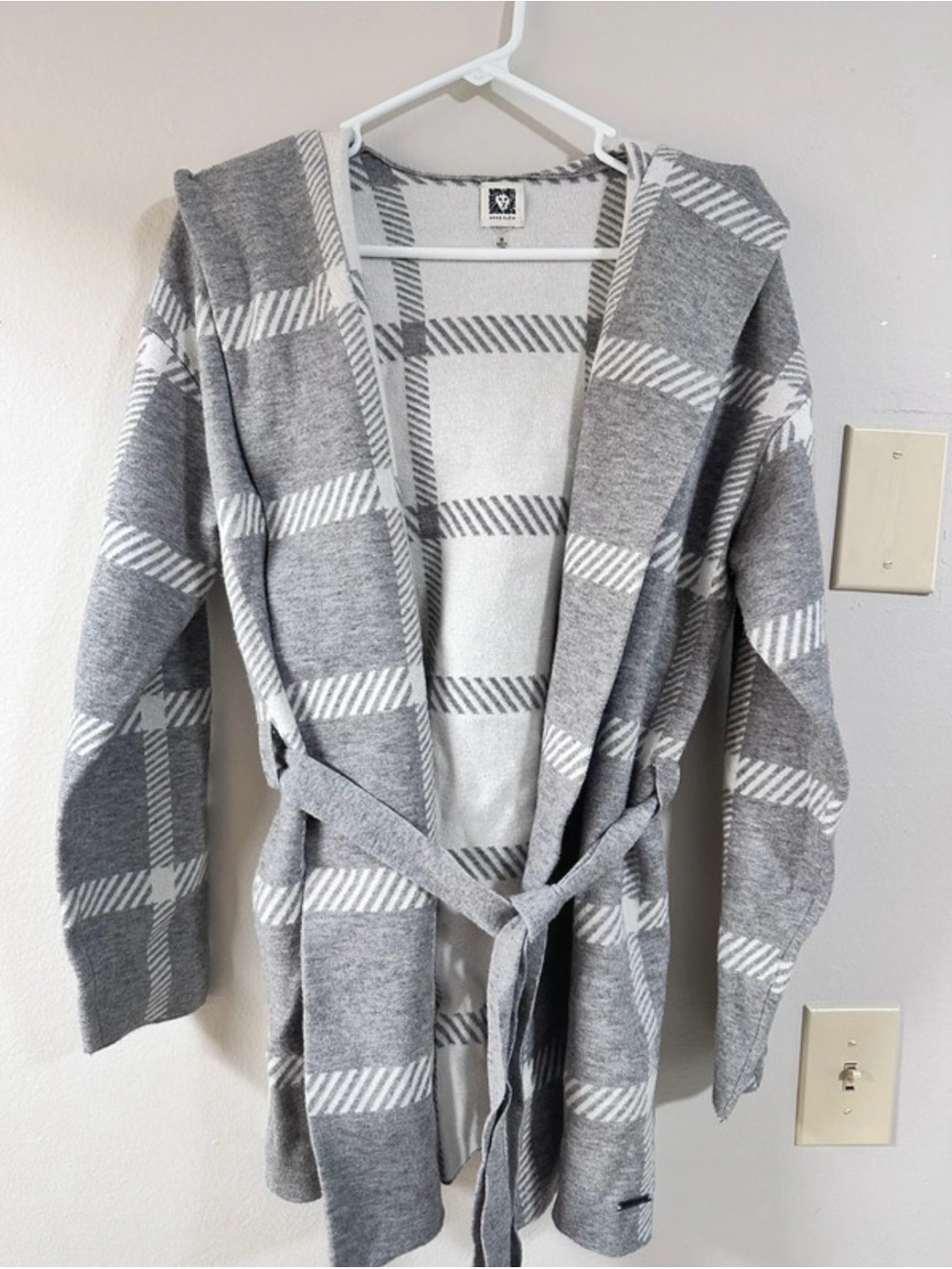 Anne Klein Gray and White Plaid Hooded Belted Cardigan